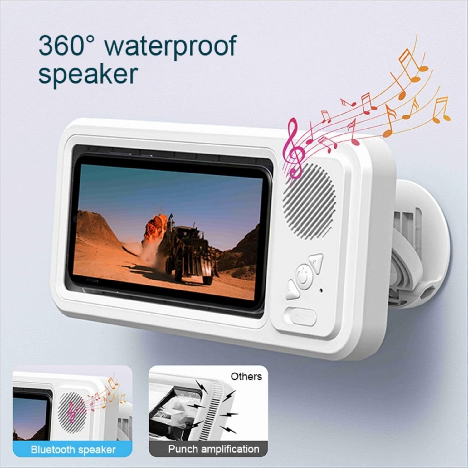 Wireless Bluetooth Shower Phone Holder Waterproof, Speaker, 360° Rotation, Retractable Adjustable Shower Case Holder for Bathroom Wall, Kitchen, Gift for Friends 4"-6.8" Cell Phone-White