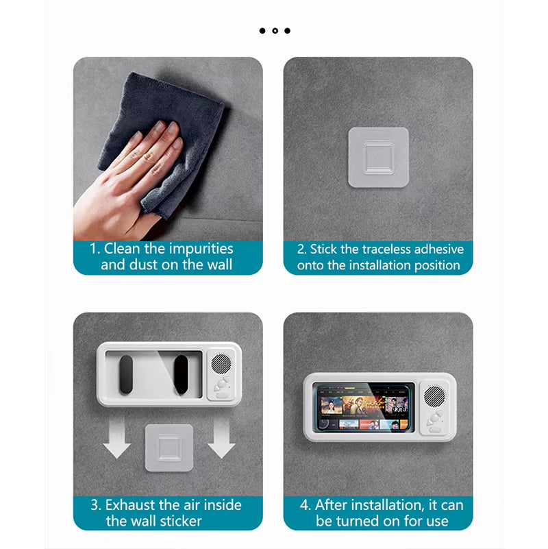 Bathroom Waterproof Phone Case with Bluetooth Speaker Wall Mount Phone Holder Stand Anti-Fog for Showering Bathe Kitchen